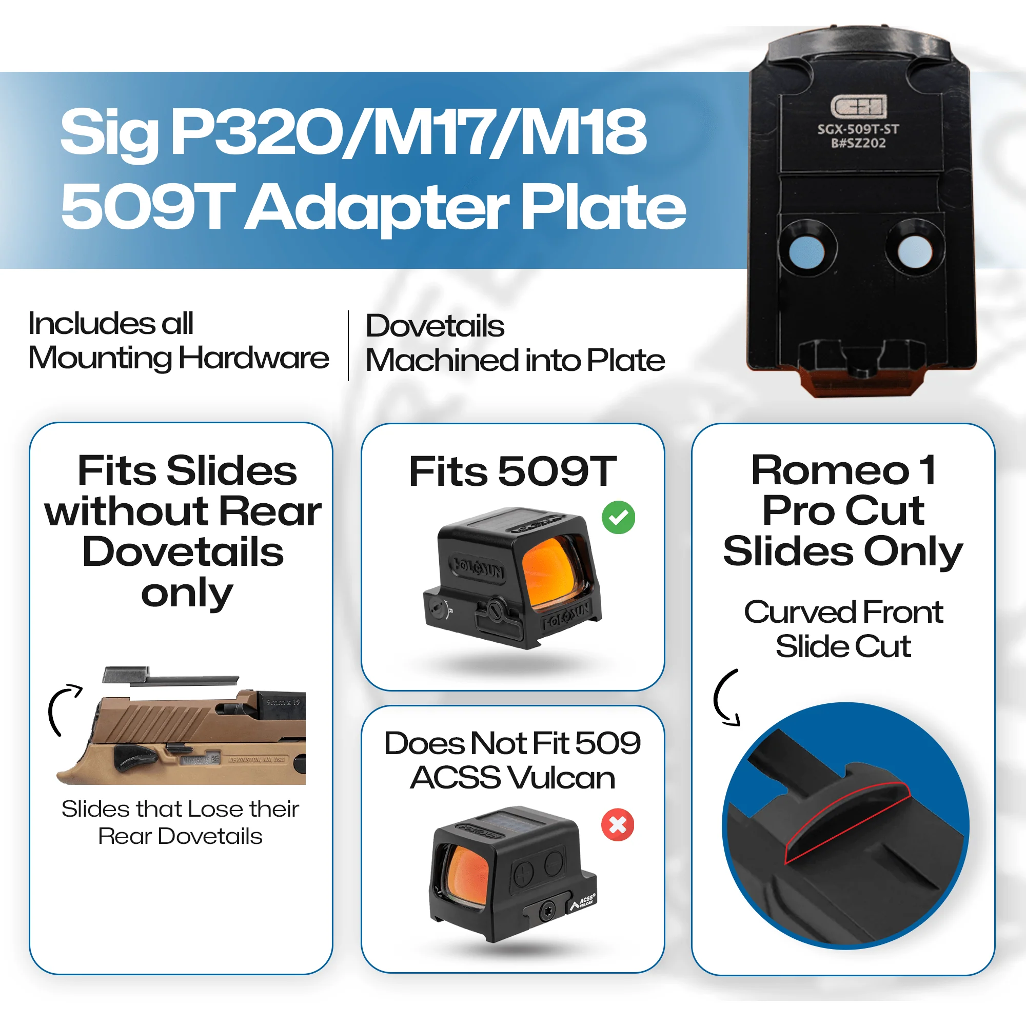 Sig P320 Romeo 1 Pro Slide and without Rear Dovetail Sights Attached to Holosun 509T Adapter Plate for - CHPWS - SGX-509T-ST