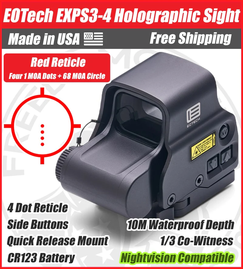 EOTech EXPS3-4 Holographic Red Dot Sight, Four 1 MOA Dots, 68 MOA Outer Ring, Quick Release Mount, NV Compatible - EXPS3-4