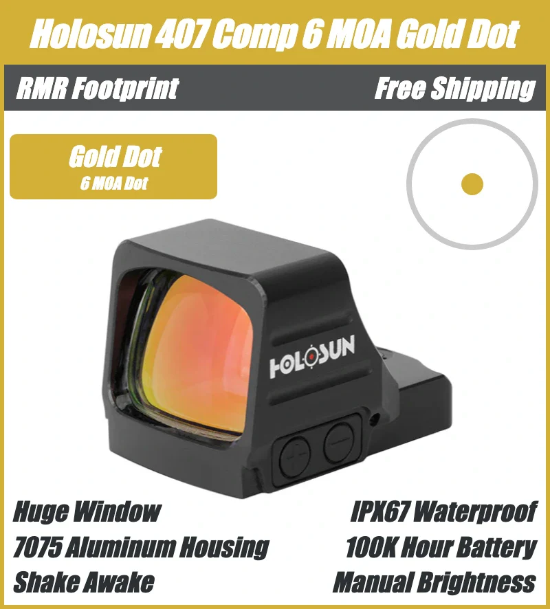 Holosun 407 COMP Gold, Huge Competition Window, RMR Footprint, 6 MOA Gold Dot, Side Battery - HE407COMP-GD6