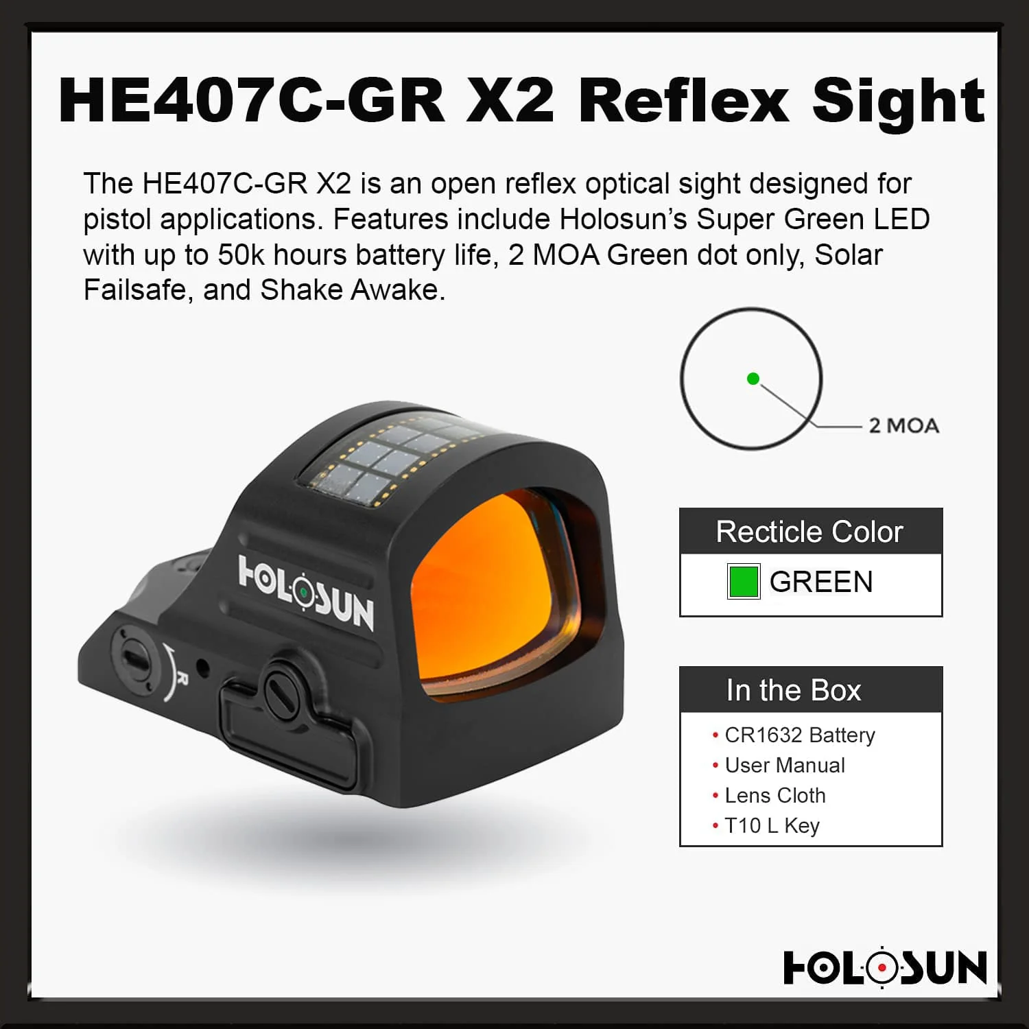 Holosun 407C X2 2 MOA Green Dot, RMR Footprint, Side Battery, Solar Failsafe - HE407C-GR-X2 - Image 4