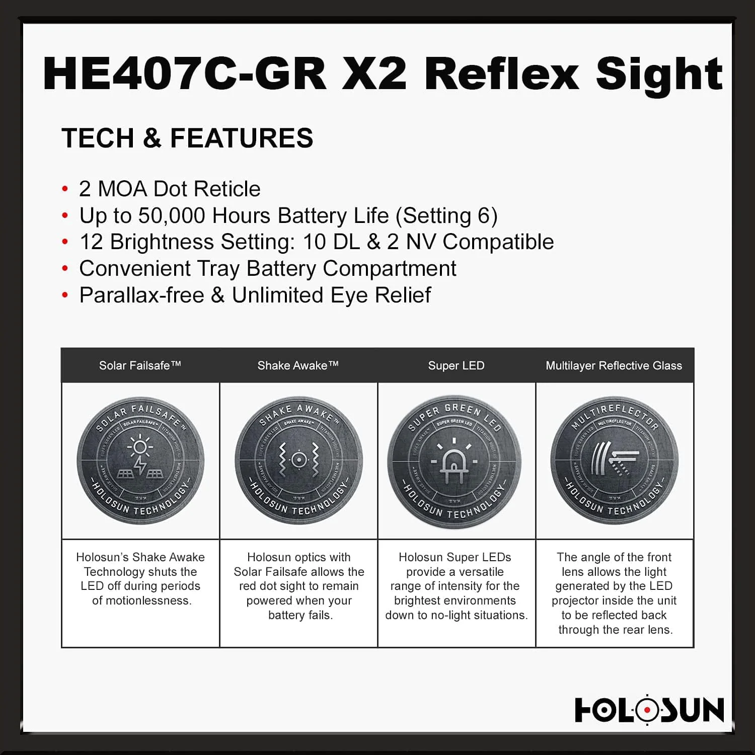 Holosun 407C X2 2 MOA Green Dot, RMR Footprint, Side Battery, Solar Failsafe - HE407C-GR-X2 - Image 5