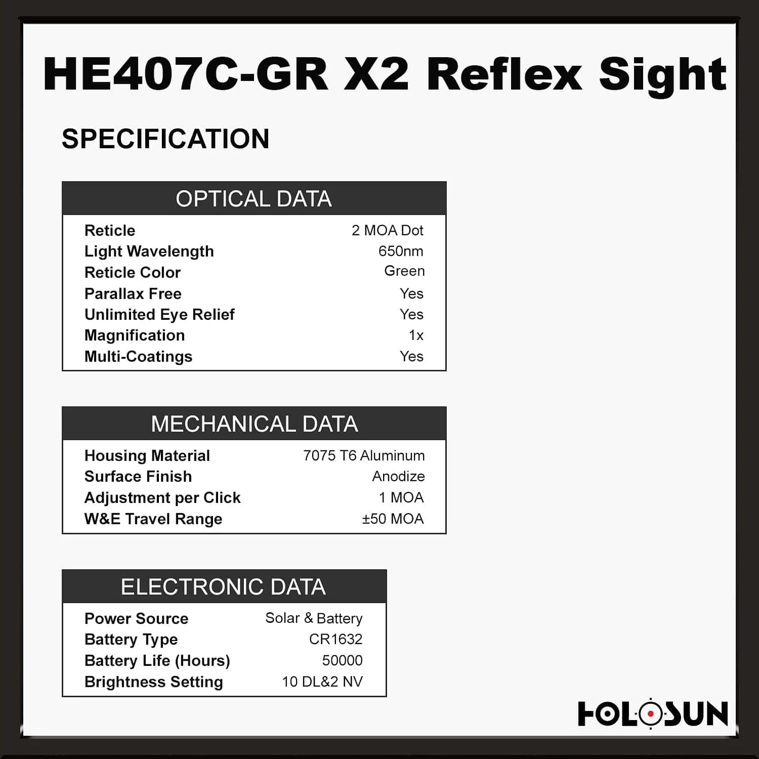 Holosun 407C X2 2 MOA Green Dot, RMR Footprint, Side Battery, Solar Failsafe - HE407C-GR-X2 - Image 6