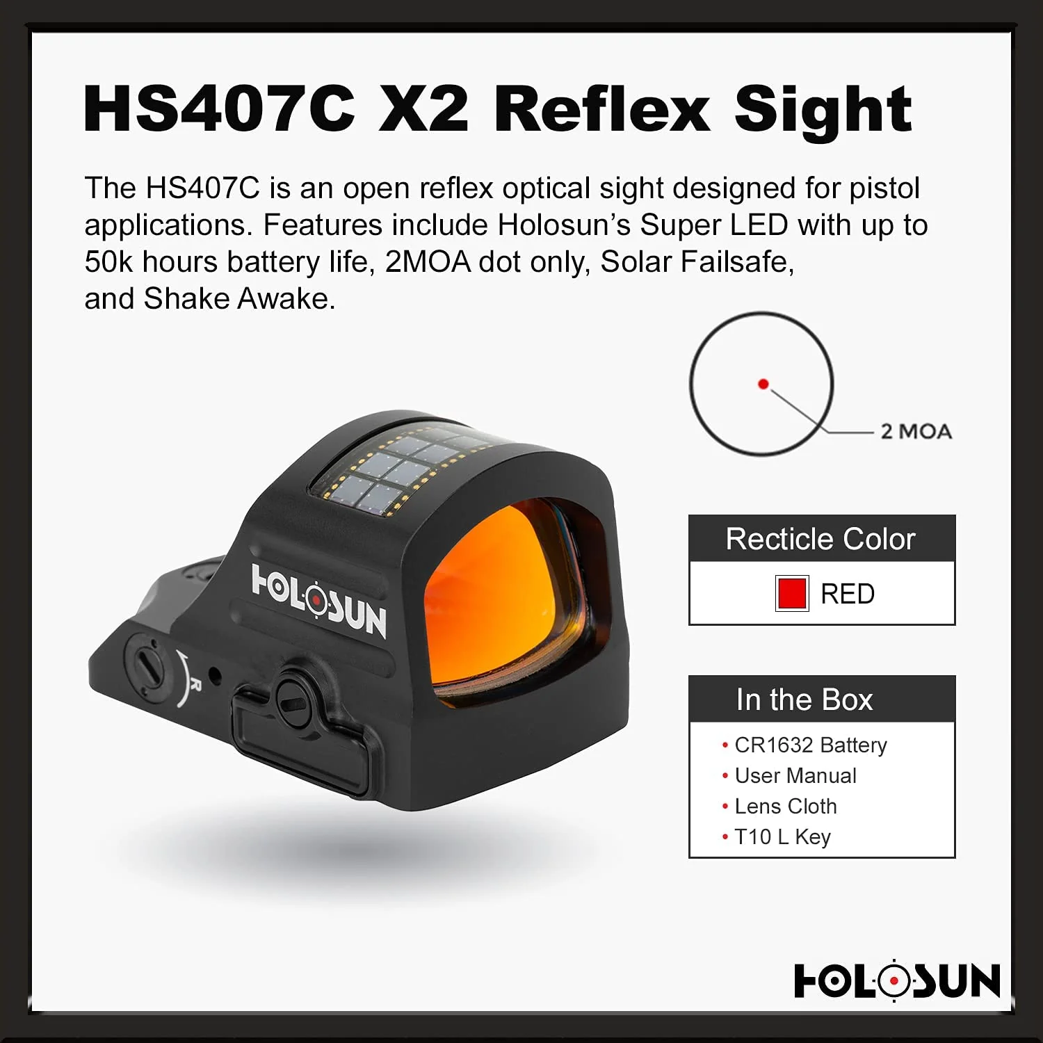 Holosun 407C X2, 2 MOA Red Dot, RMR Footprint, Side Battery, Solar Failsafe - HS407C-X2 - Image 4