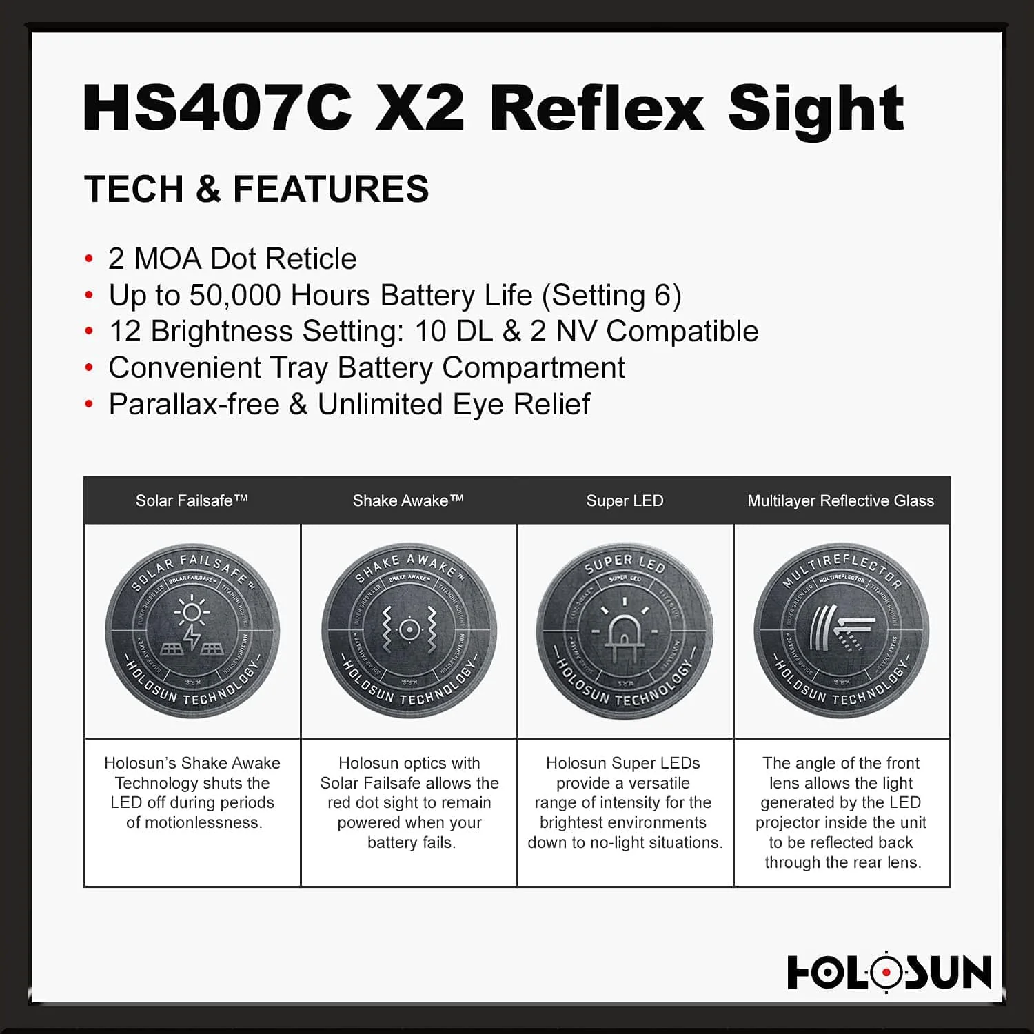 Holosun 407C X2, 2 MOA Red Dot, RMR Footprint, Side Battery, Solar Failsafe - HS407C-X2 - Image 5