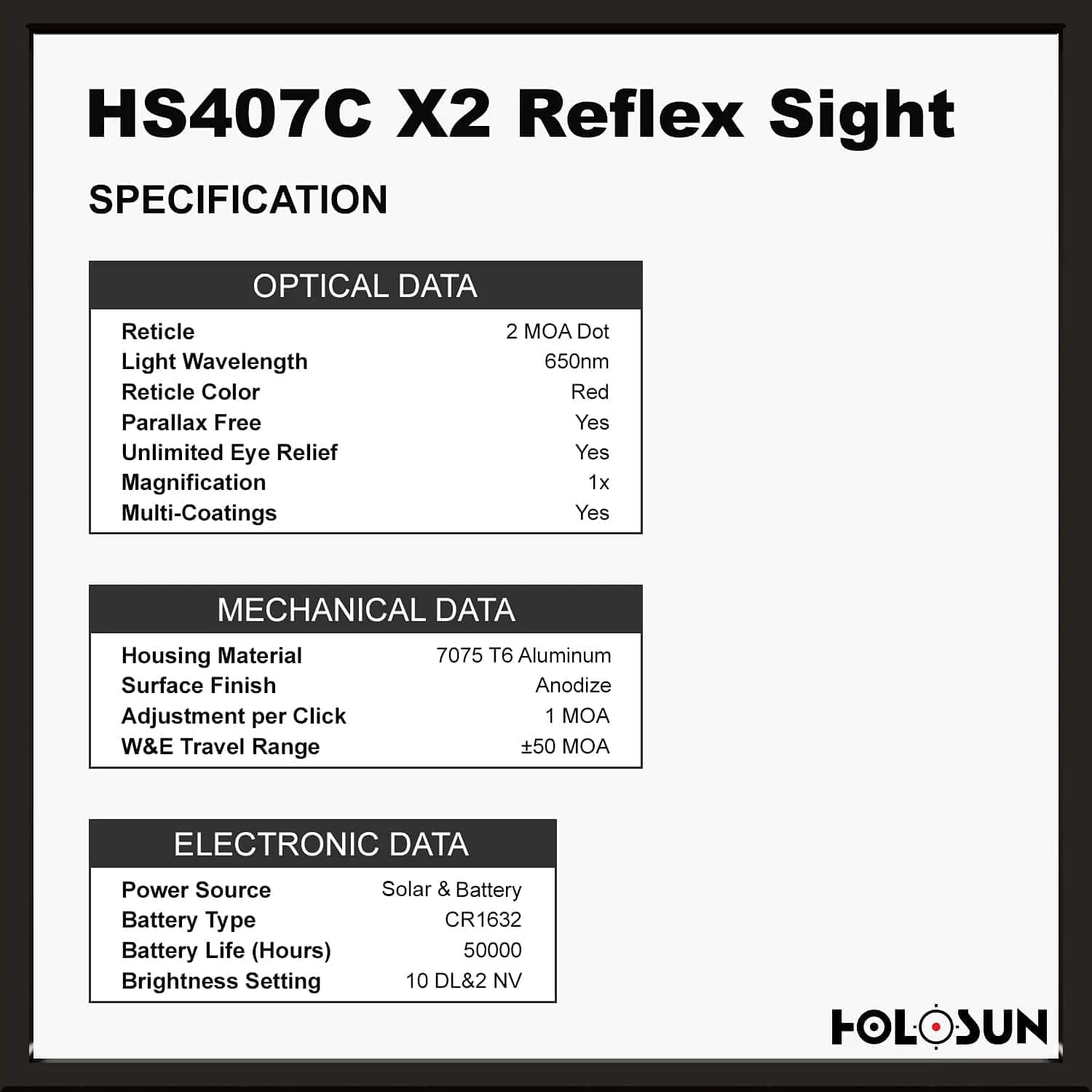 Holosun 407C X2, 2 MOA Red Dot, RMR Footprint, Side Battery, Solar Failsafe - HS407C-X2 - Image 6