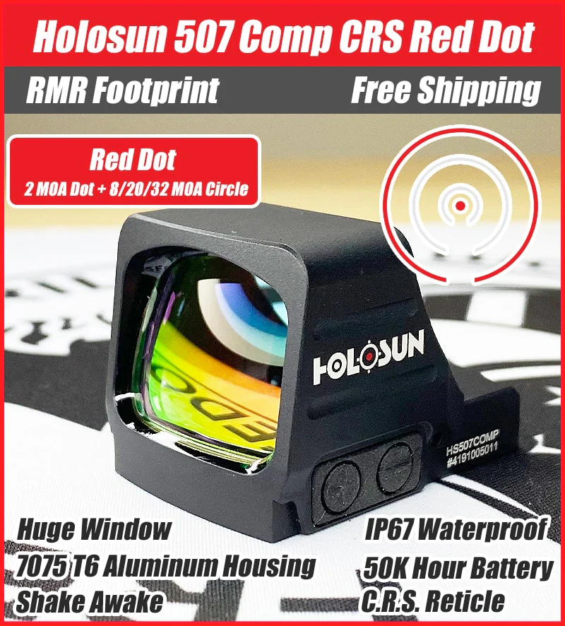 Holosun 507 COMP Red, Huge Competition Window, RMR Footprint, C.R.S. Reticle 8/20/32 MOA Circle & 2 MOA Red Dot, Side Battery - HS507COMP