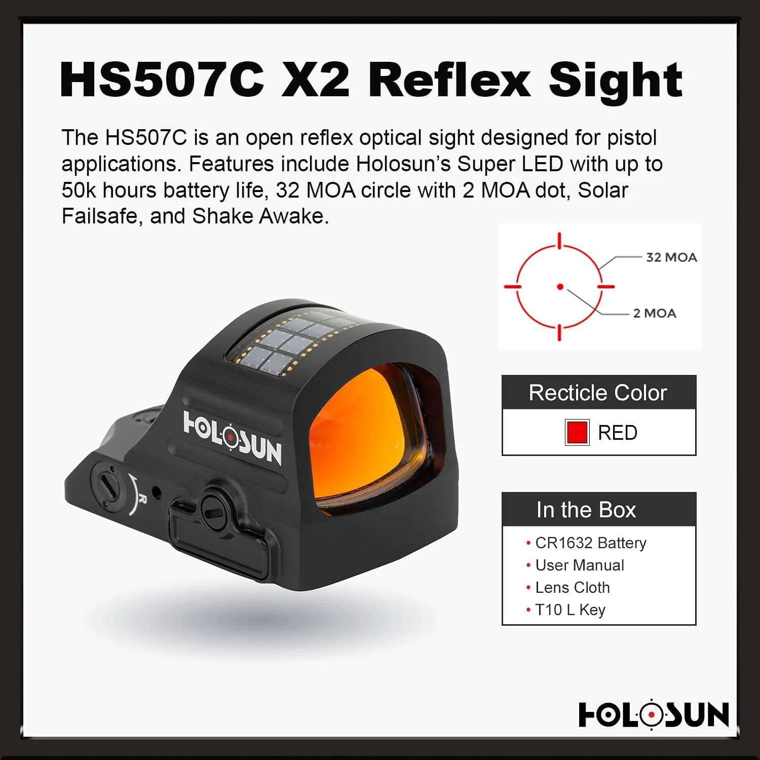 Holosun 507C X2, 32 MOA Ring & 2 MOA Red Dot, RMR Footprint, MRS Reticle, Side Battery, Solar Failsafe - HS507CX2 - Image 4