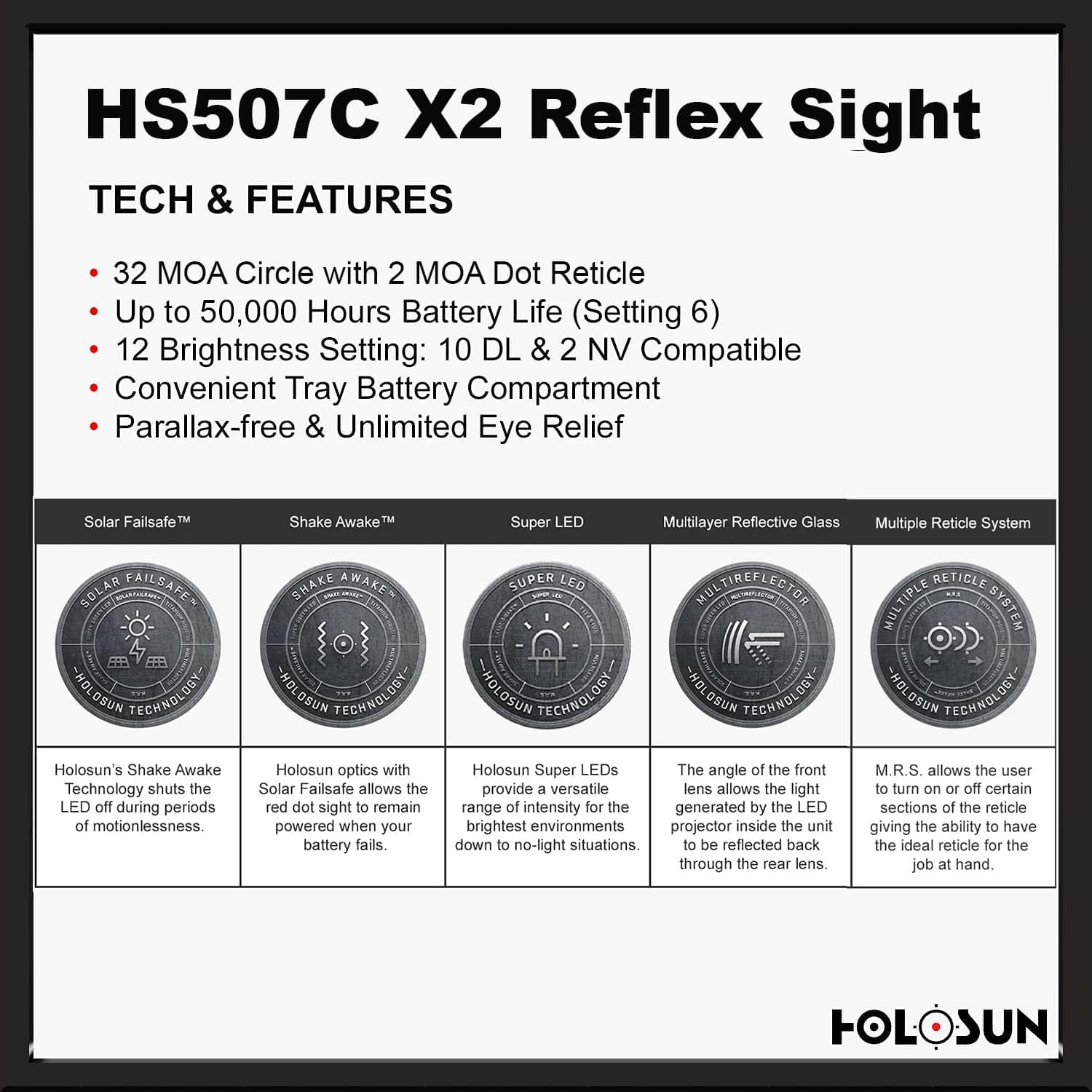 Holosun 507C X2, 32 MOA Ring & 2 MOA Red Dot, RMR Footprint, MRS Reticle, Side Battery, Solar Failsafe - HS507CX2 - Image 5
