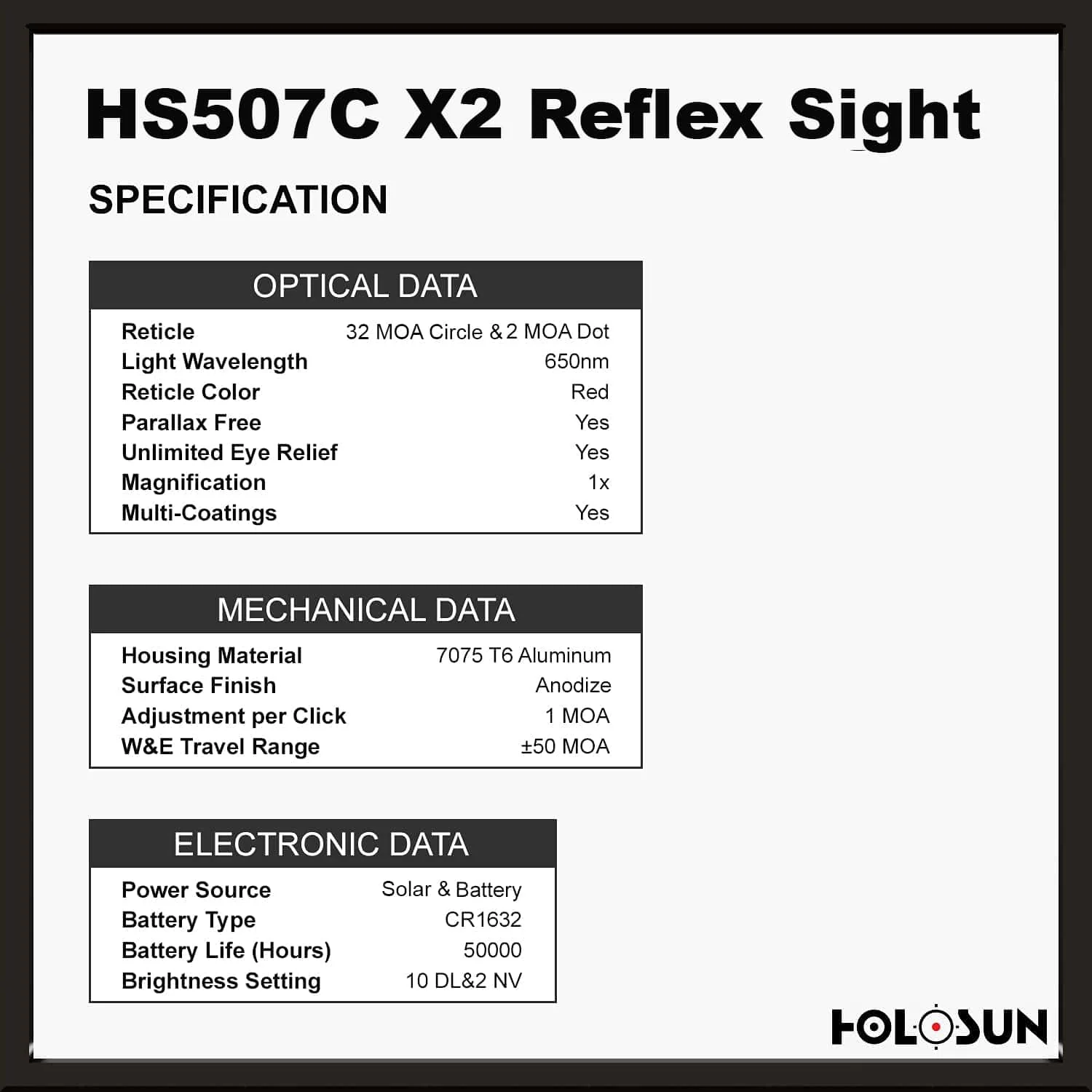 Holosun 507C X2, 32 MOA Ring & 2 MOA Red Dot, RMR Footprint, MRS Reticle, Side Battery, Solar Failsafe - HS507CX2 - Image 6