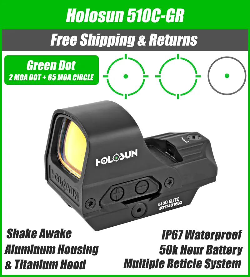Holosun 510C Green Dot Reflex Sight, 65MOA Circle 2 MOA Dot, Solar with Internal Battery, Quick Release Mount, Protective Hood - HE510C-GR - Image 5