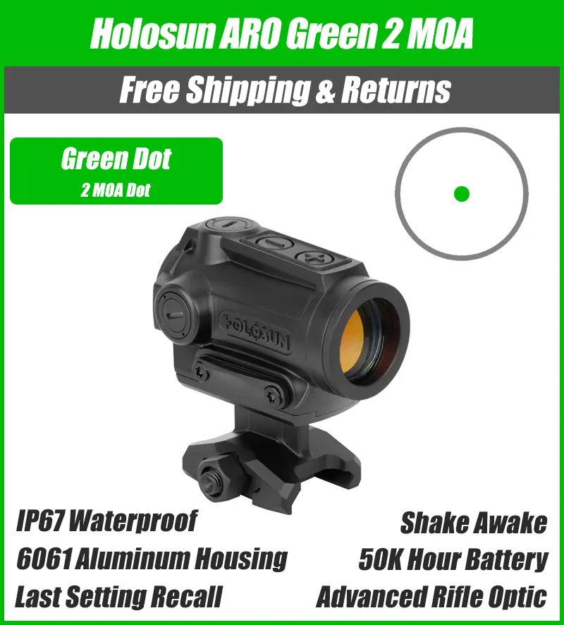 Holosun ARO Green 2MOA Dot Only Reticle 22mm Housing, Shake Awake, 1/3 Co-Witness - ARO-GR2