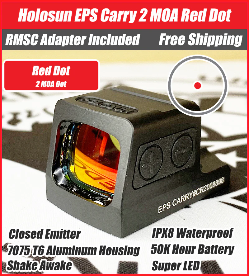 Holosun EPS Carry 2 MOA Red Dot, K Series Footprint (Modified RMSc), RMSc Adapter Plate Included, Side Battery - EPS-CARRY-RD-2