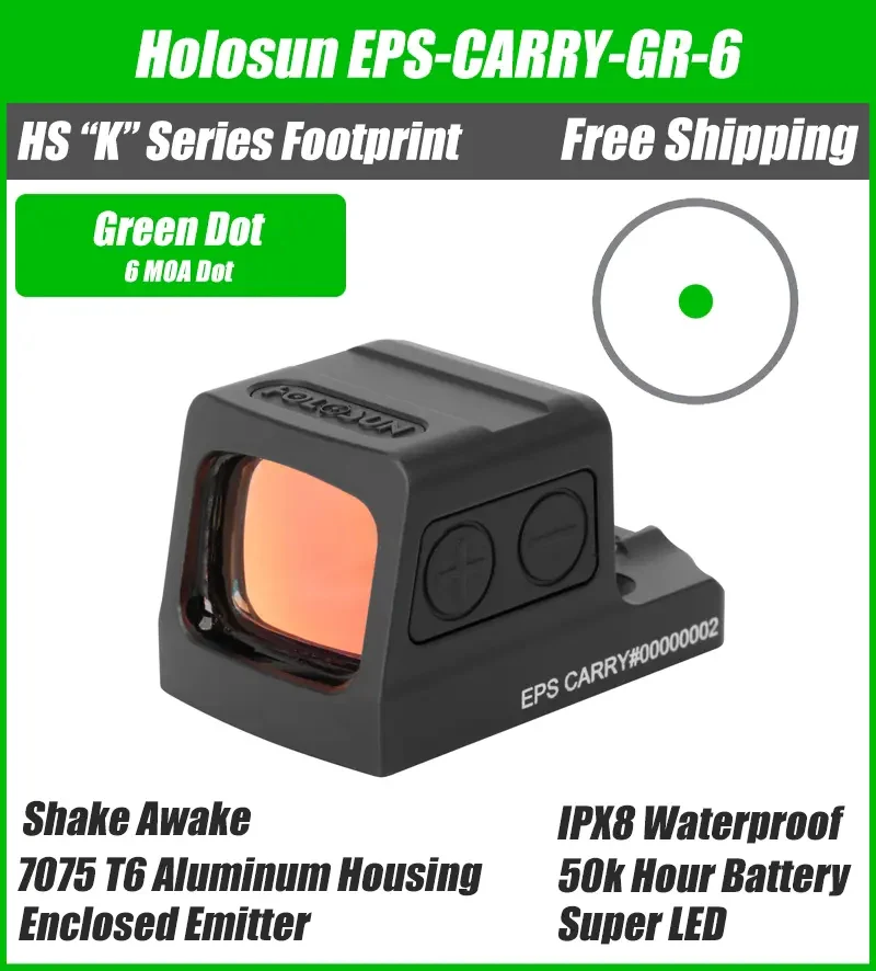 Holosun EPS Carry 6 MOA Green Dot, K Series Footprint (Modified RMSc), RMSc Adapter Plate Included, Side Battery - EPS-CARRY-GR-6 - Image 5