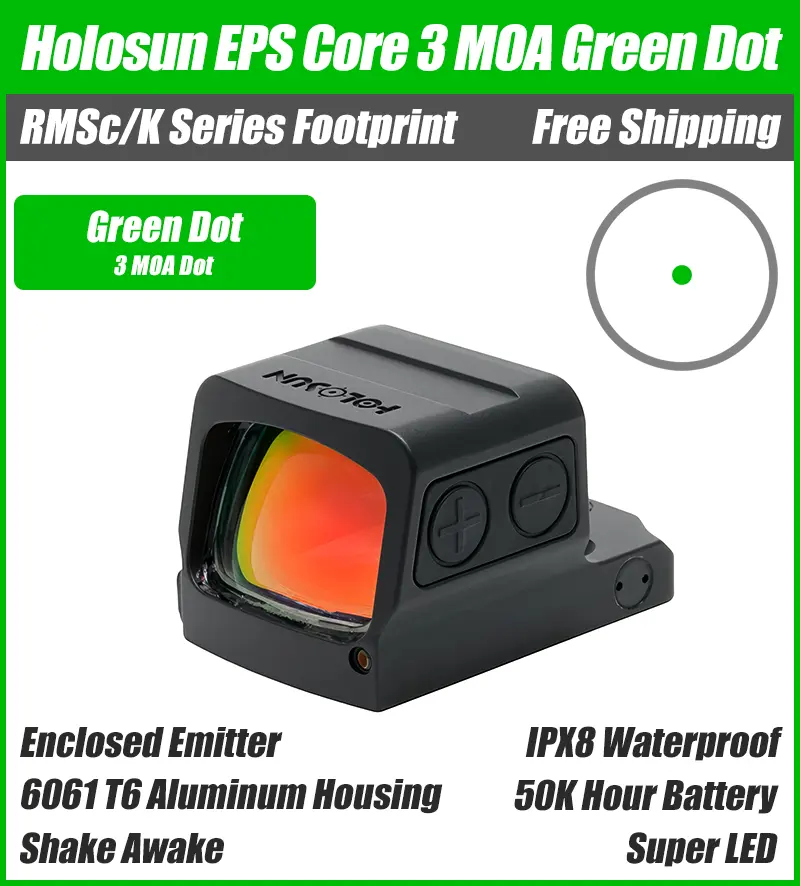 Holosun EPS Core Green Dot, 3 MOA Dot, RMSc Footprint, Solar Failsafe - EPS-CORE-GR3