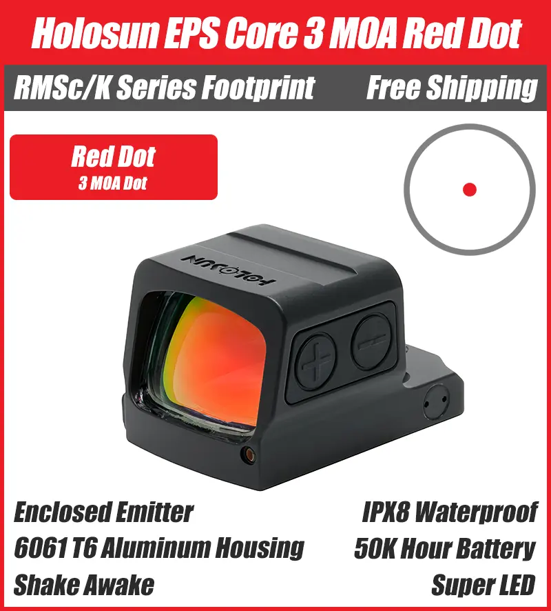 Holosun EPS Core Red Dot, 3 MOA Dot, RMSc Footprint, Solar Failsafe - EPS-CORE-RD3