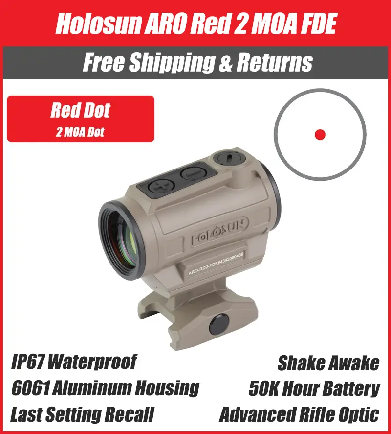 Holosun FDE ARO Red 2MOA Dot Only Reticle 22mm Housing, Shake Awake, 1/3 Co-Witness - ARO-RD2-FDE