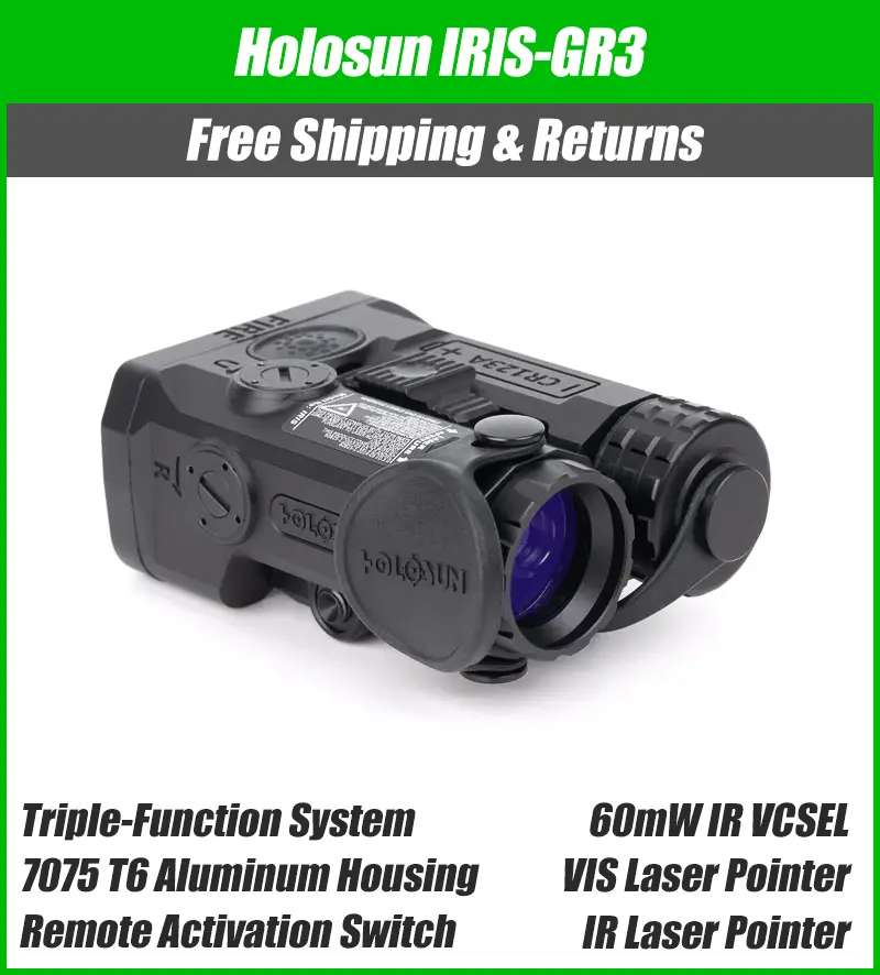 Holosun IRIS 3 Triple Function Laser & IR Illuminator – Green/Red Laser, IR Laser, IR VCSEL, Remote Switch – Fits Picatinny - IRIS-GR3, IRIS-RD3
