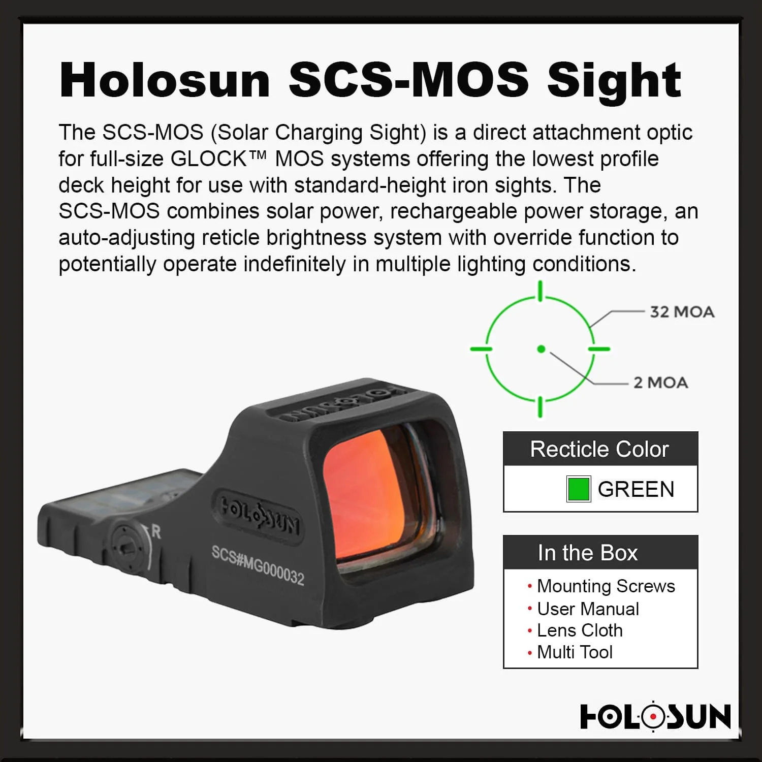 Holosun SCS MOS Green Dot Sight, MRS Reticle, Fits Glock MOS Slides (Not 43X/48), Solar Recharging Battery, Grade 5 Titanium Housing- SCS-M-GR - Image 5