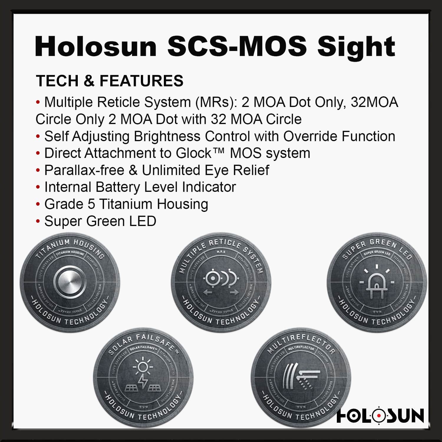 Holosun SCS MOS Green Dot Sight, MRS Reticle, Fits Glock MOS Slides (Not 43X/48), Solar Recharging Battery, Grade 5 Titanium Housing- SCS-M-GR - Image 6