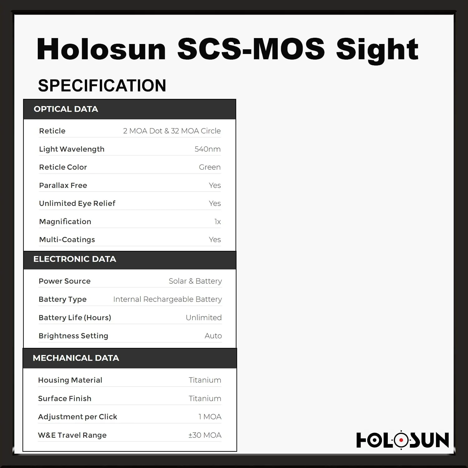 Holosun SCS MOS Green Dot Sight, MRS Reticle, Fits Glock MOS Slides (Not 43X/48), Solar Recharging Battery, Grade 5 Titanium Housing- SCS-M-GR - Image 7