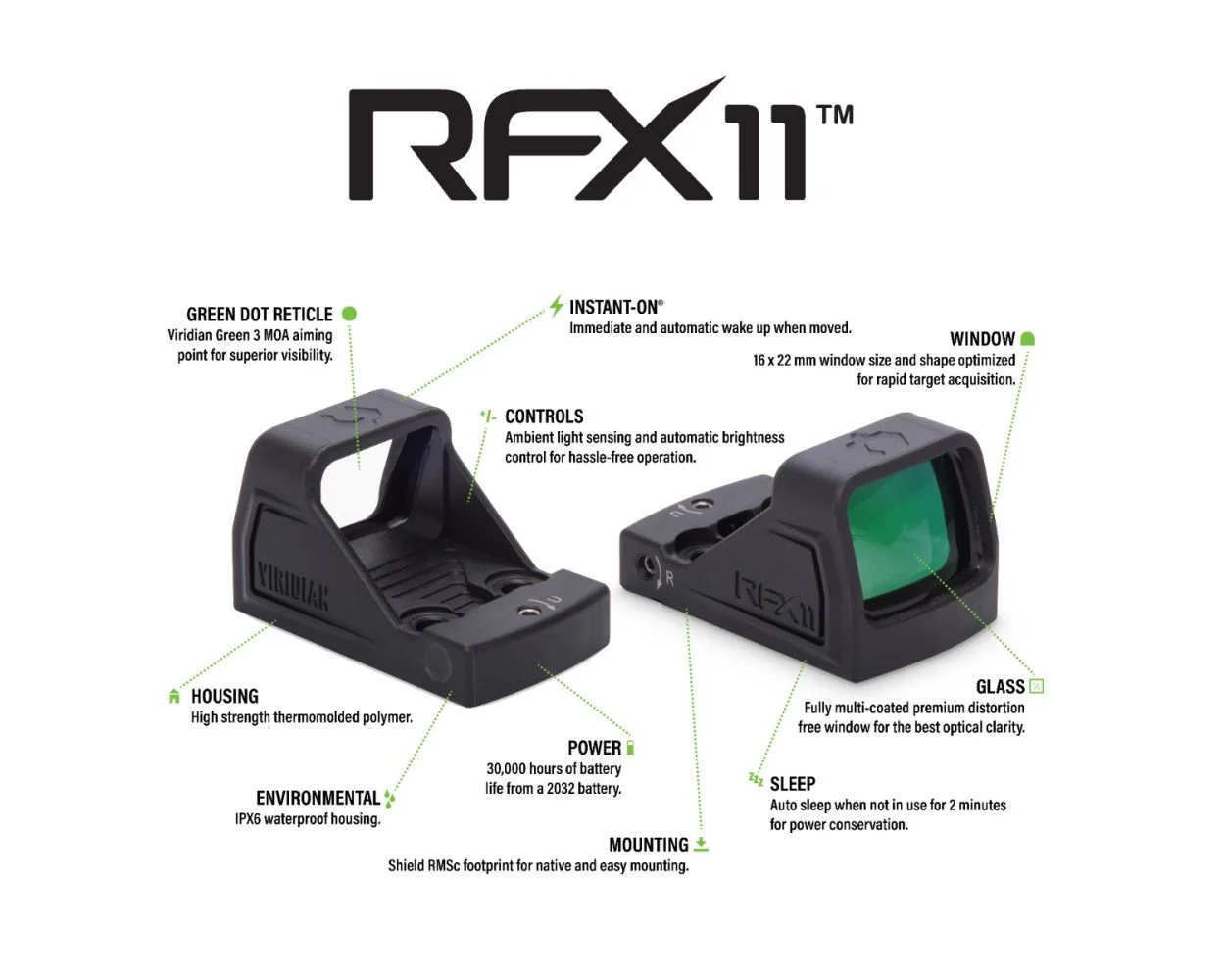 OPEN BOX [LIKE NEW]  Viridian RFX 11 3 MOA Green Dot Sight - RMSc Footprint - High Strength Polymer Housing - Image 4
