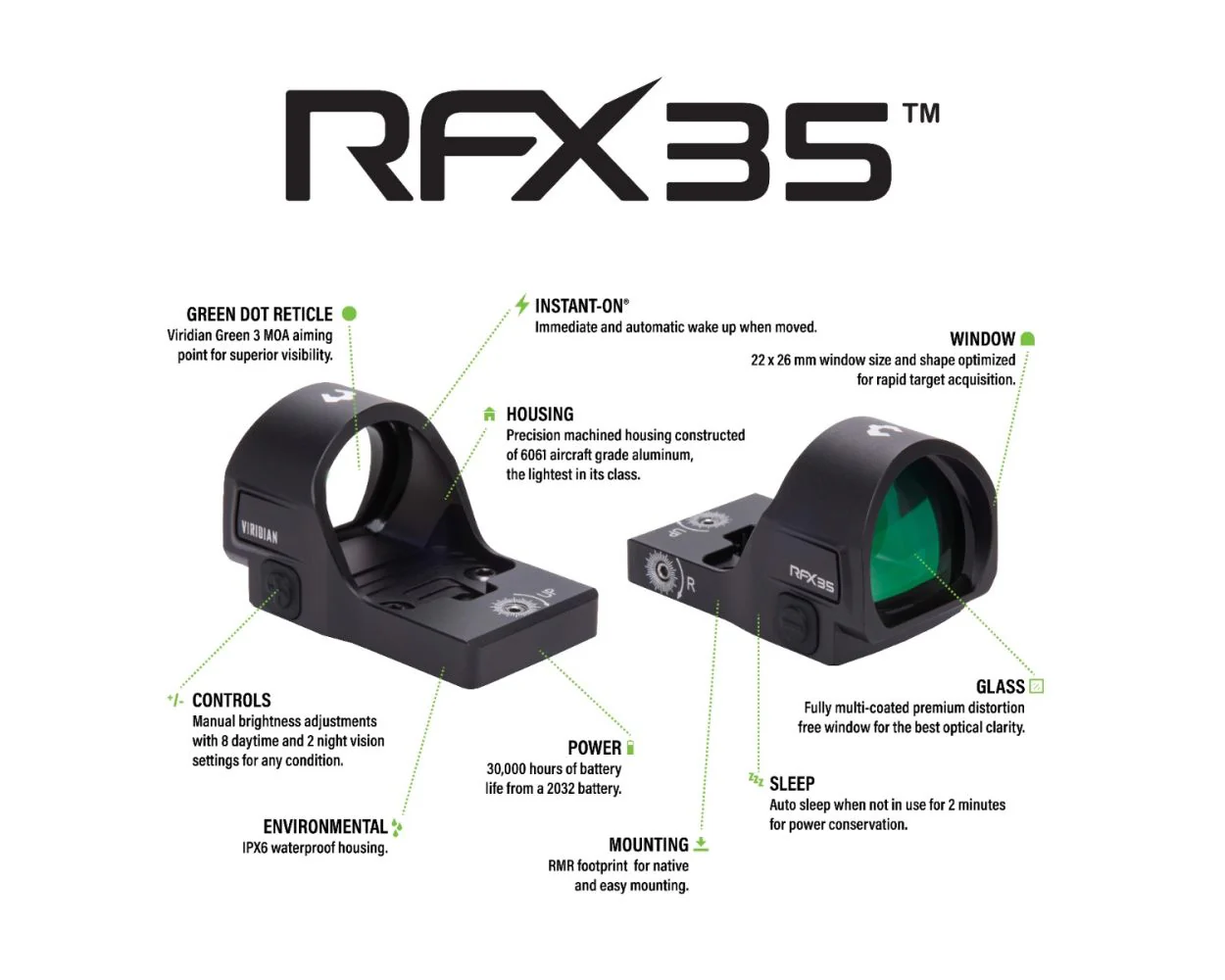 Viridian RFX35 3 MOA Green Dot Sight - RMR Footprint - 6061 T6 Aluminum Housing - Image 4